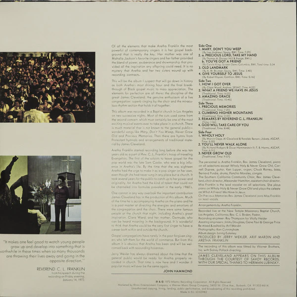 Aretha Franklin With James Cleveland* & The Southern California Community Choir - Amazing Grace (2xLP, Album, RE, 180) (M / M) - Image 3
