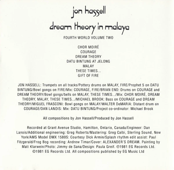 Jon Hassell - Dream Theory In Malaya (Fourth World Volume Two) (CD, Album, RE) (VG+ / VG+) - Image 4