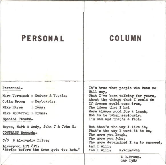 Personal Column - Ignorance Is Bliss? / Dreamer In Babylon (7", Single) (VG+ / VG) - Image 2