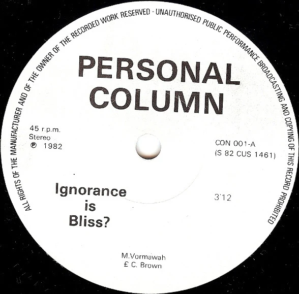 Personal Column - Ignorance Is Bliss? / Dreamer In Babylon (7", Single) (VG+ / VG) - Image 3