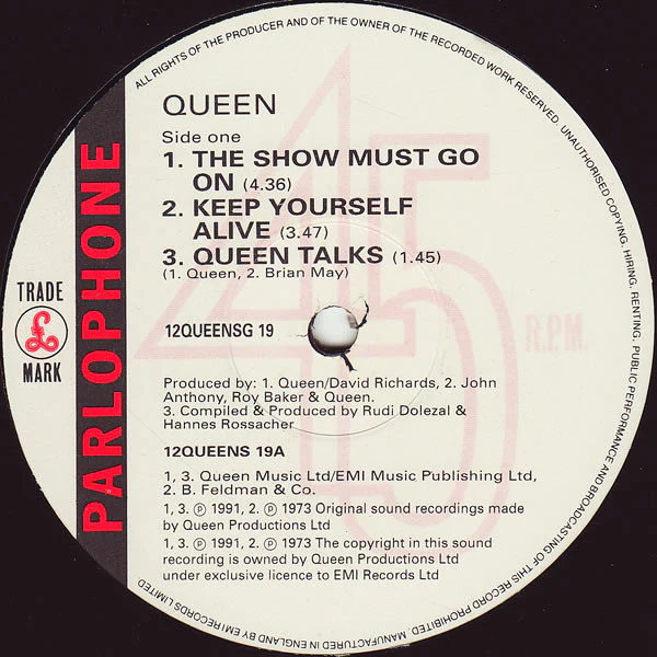 Queen - The Show Must Go On (12", S/Sided, Single, Etch, Gat) (VG+ / NM or M-) - Image 5